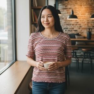 LOFT Red and Cream Striped Short Sleeve Top XL